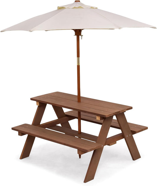 Costzon Kids Picnic Table, Wooden Childrens Table & Bench Set with Removable Umbrella, Kids Patio Furniture for Backyard, Garden, Kids Table and Chair Set for Outdoors (Natural)