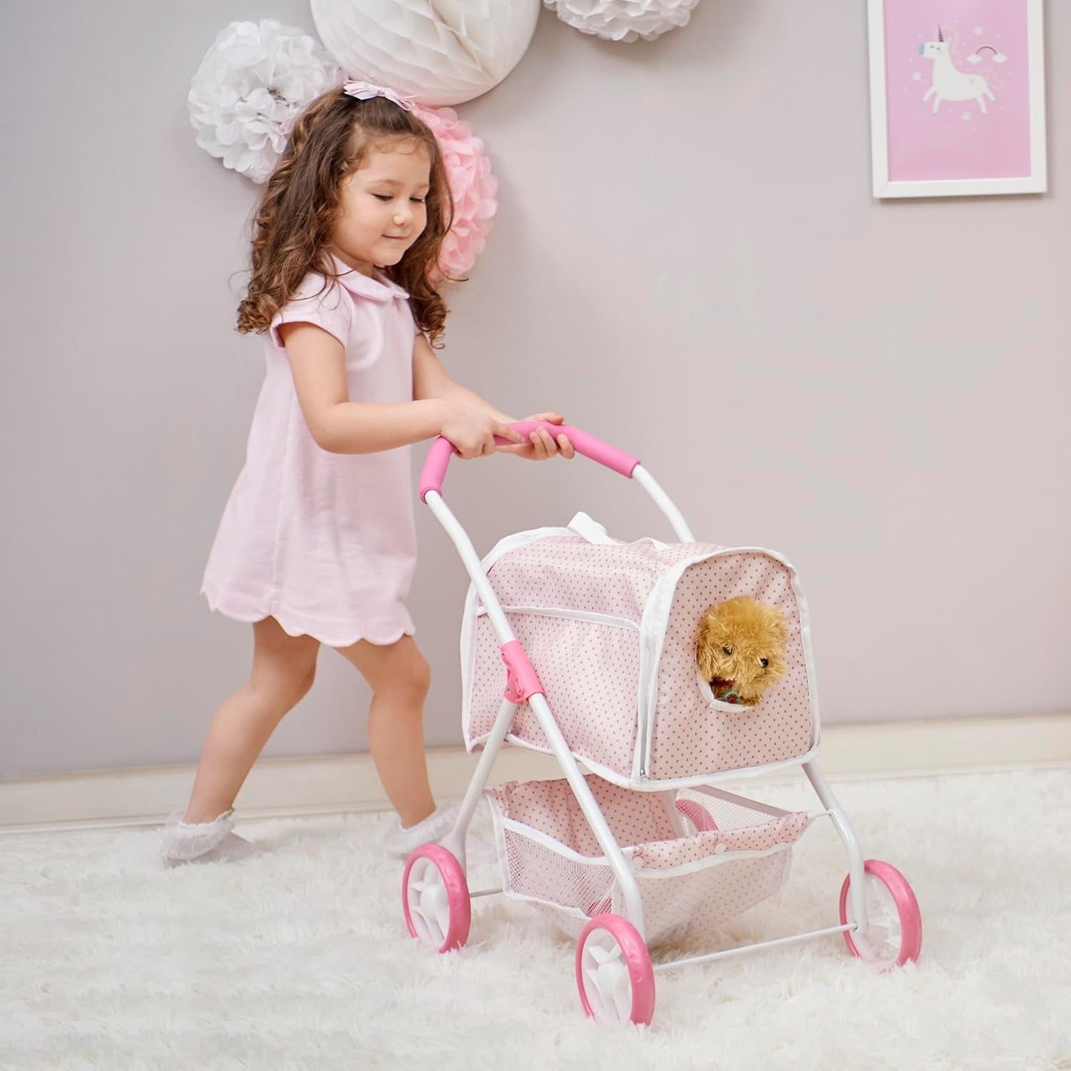 Olivia'S Little World Polka Dots Princess Doll Animal Stroller with Detachable Toy Pet Carrier - Pet Doll Pram for 3 Yrs and up - Pink/Gray