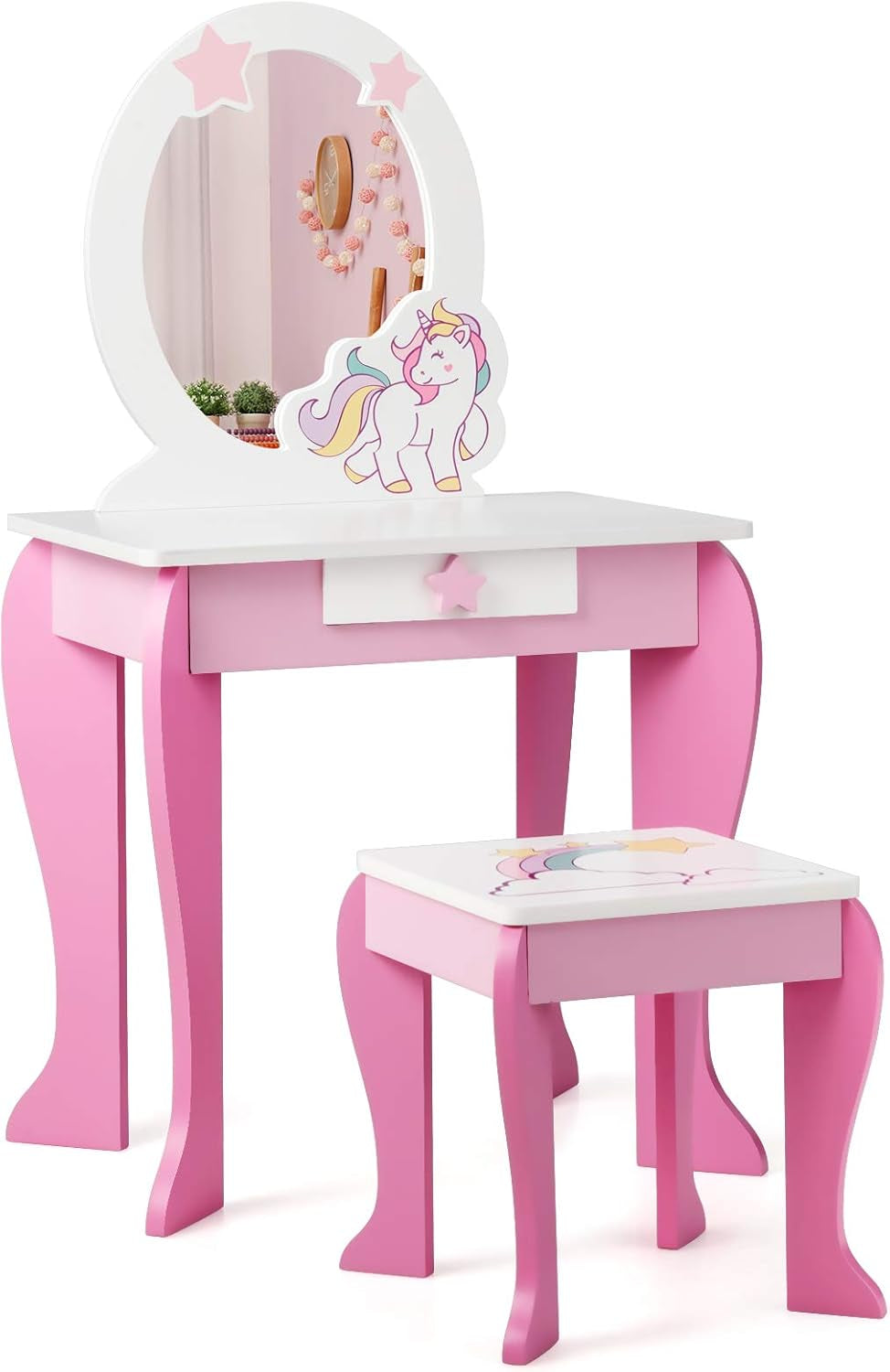 Costzon Kids Vanity Set with Mirror, 2 in 1 Wooden Princess Makeup Dressing Table with Detachable Top, Toddler Girls Vanity with Drawer & Stool, Pretend Play Vanity Set for Little Girls, Pink