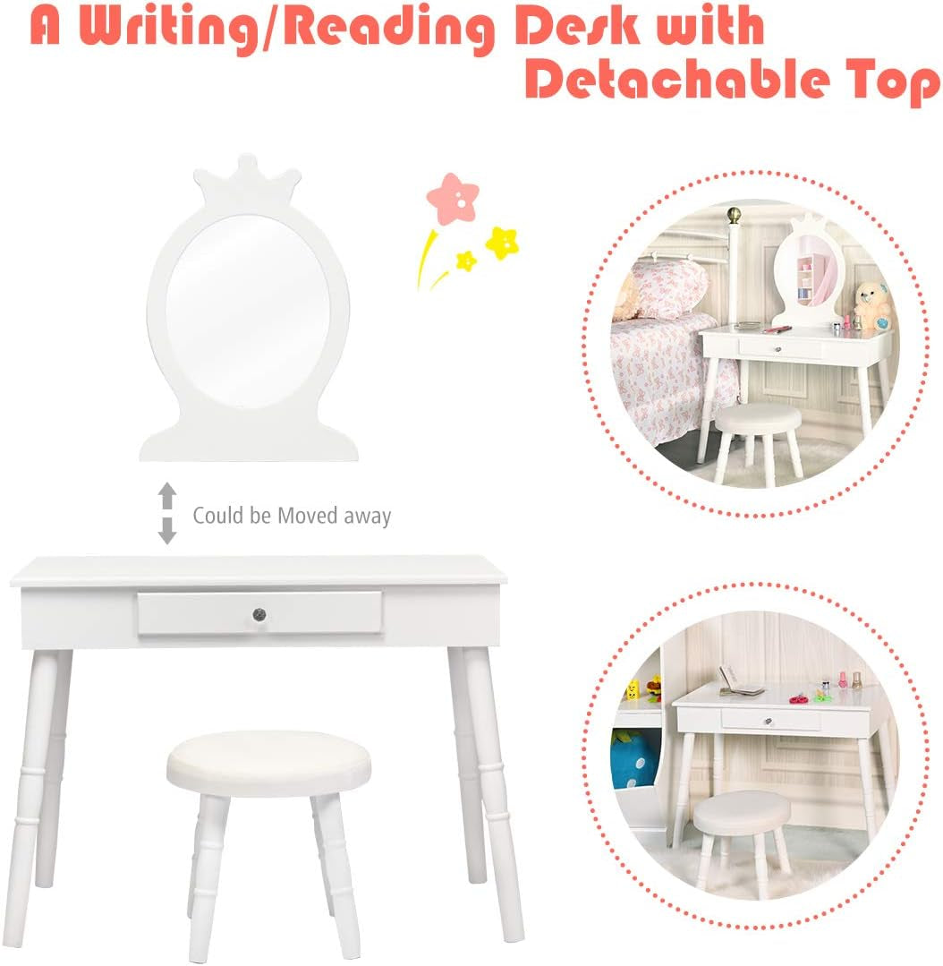 Costzon Kids Vanity Set, Wooden Princess Makeup Table with Cushioned Stool, Large Drawer, Solid Wooden Legs and Crown Mirror, Pretend Beauty Make up Dressing Play Set for Girls Best Gift (White)