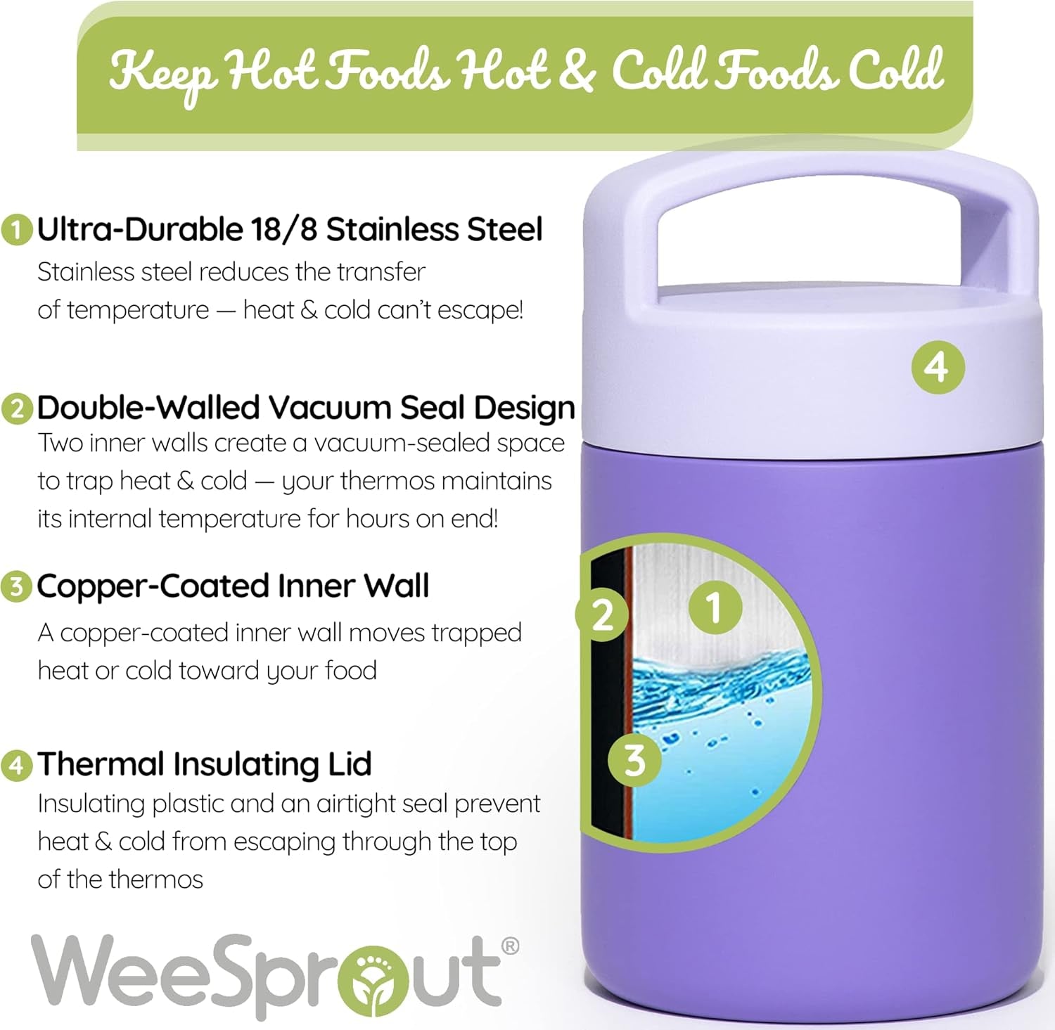 Weesprout Insulated Stainless Steel Lunch Thermos, Soup Thermos for Hot & Cold Foods, 12 Oz Food Jar for Kids, Kid-Friendly Handle, Leakproof Food Container, Termos Para Comida Caliente