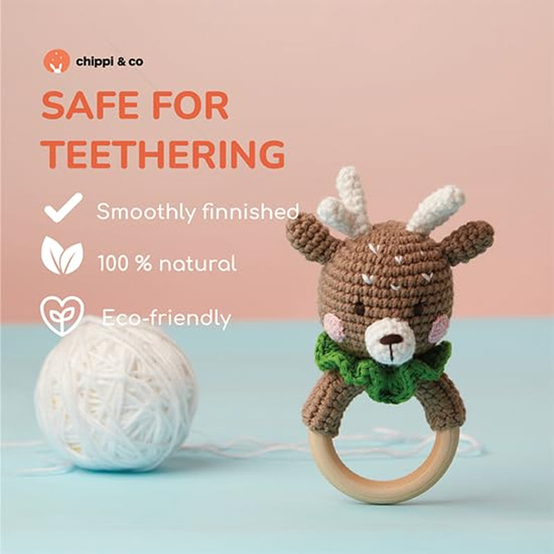 Chippi & Co Crochet Baby Rattle, Crochet Baby Toys, Stuffed Baby Doll, Organic Wooden Newborn Toys, Knitted Stuffed Animals for Babies Boy, Girl, Christmas Gifts for New Parents (Baby Reindeer)