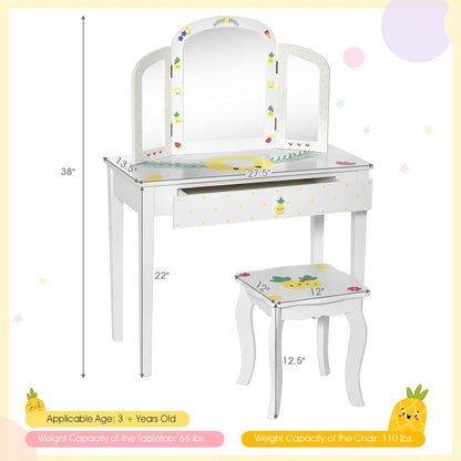 Costzon Kids Vanity Table, Princess Makeup Dressing Table with Drawer & Tri-Folding Mirror, 2-In-1 Vanity Set with Detachable Top, Pretend Beauty Play Vanity Set for Girls (Fruit Pattern)