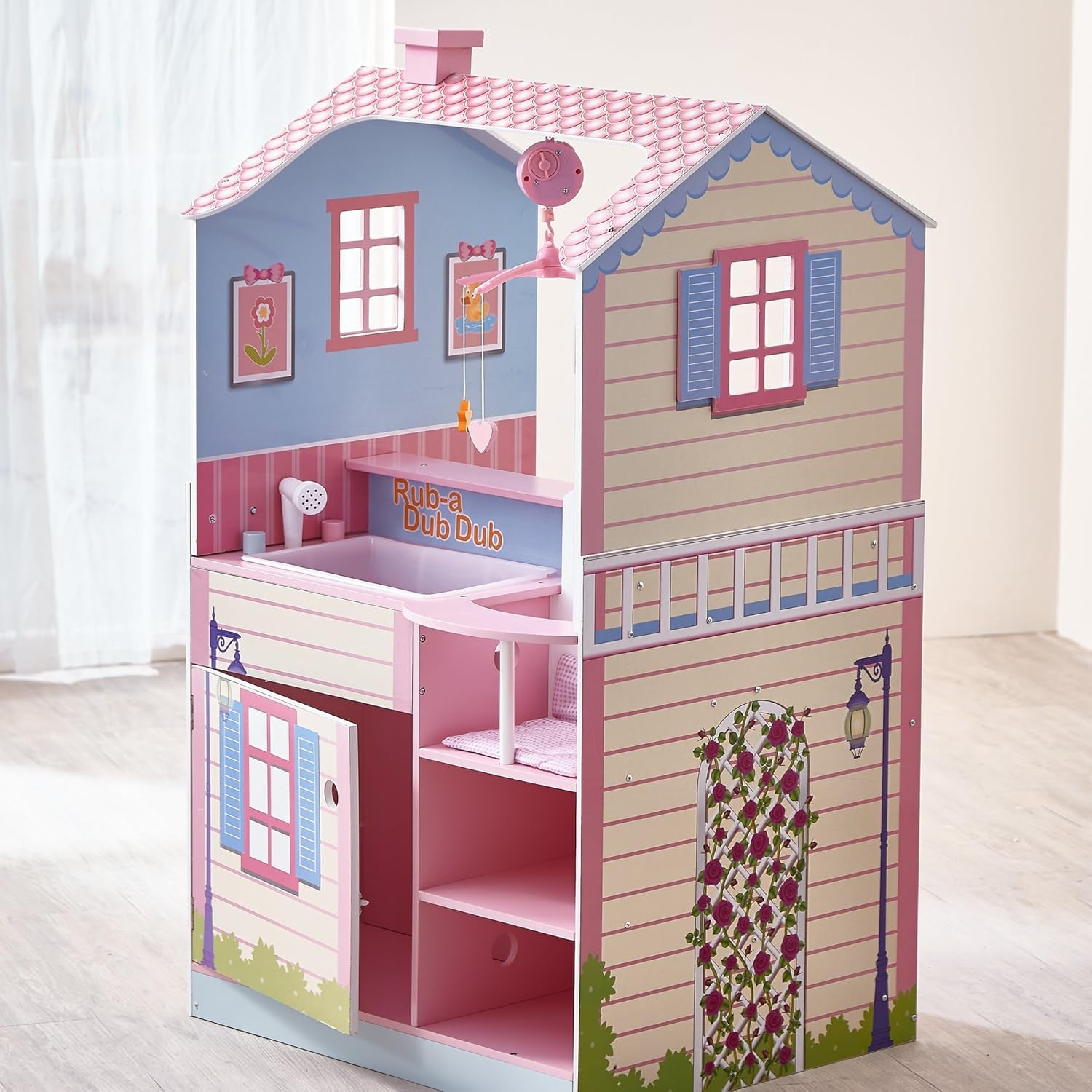 Olivia'S Little World - All in One 16-18 Inch Baby Doll Wooden Nursery Center - Double Sided Dollhouse for Baby Dolls with Swings - Multi- Functional Changing Station - Pink & Blue