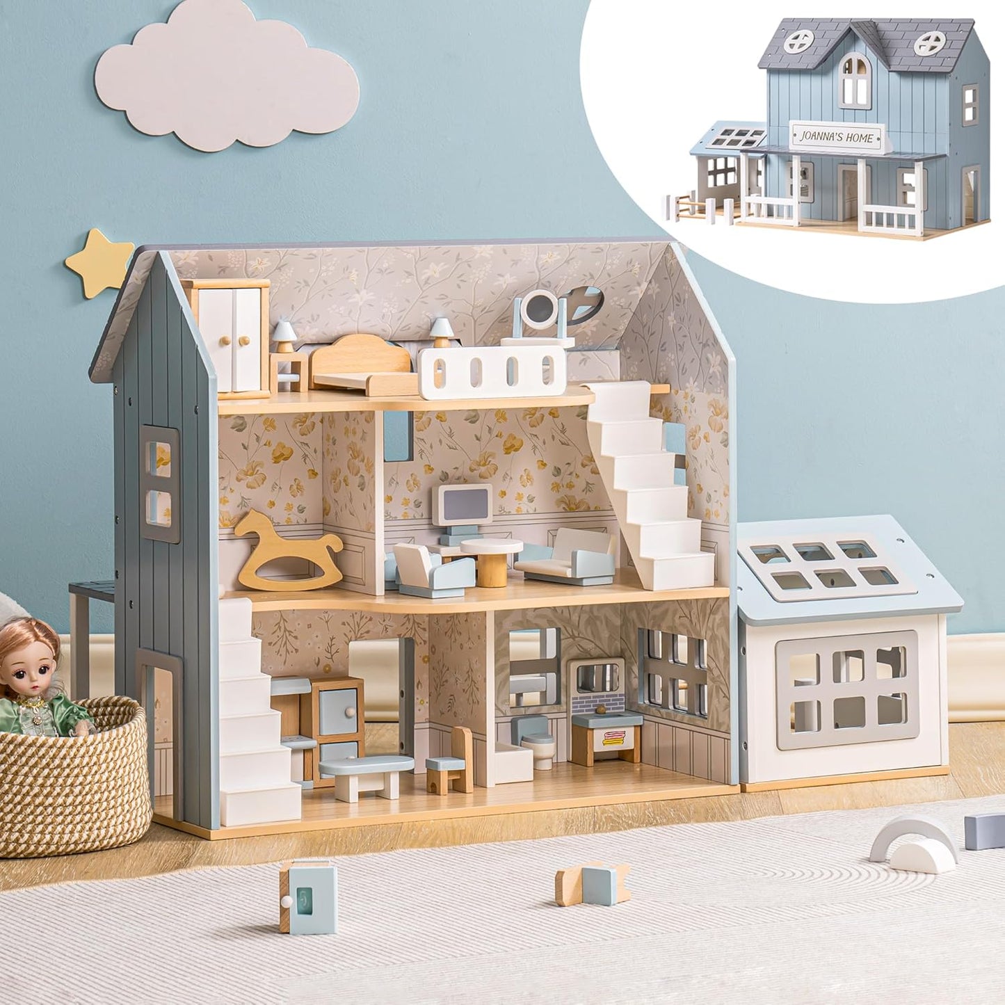 ROBUD Wooden Dollhouse, Modern Vintage Farm Dollhouse with 25Pcs Furniture, 5 Rooms, a Stable, Doll House for 4-6 Inches Dolls, Ideal Gift for Kids Ages 3+ (Gray)