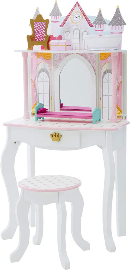 Teamson Kids Dreamland Princess Play Vanity Set with Mirror, Shelf, Storage Drawer, Stool, and Accessories for 12" Dolls, White an Pink