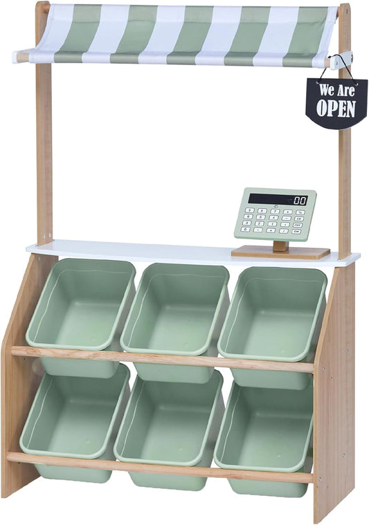 Teamson Kids Little Helper Wooden Farmer'S Market Stand with Pretend Cash Register and 6 Plastic Storage Bins, Green, TD-13638A-AMZ