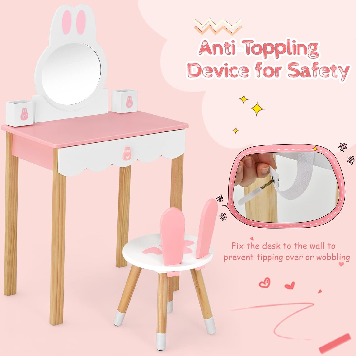 Costzon Kids Vanity Set, Girls Vanity Set with Mirror & Stool, 2 Large Drawers, Storage Shelf, Wooden Princess Makeup Dressing Table, Pretend Play Vanity Table Chair Set for Toddlers (Pink)