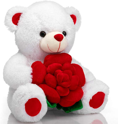 BEJOY Teddy Bear Stuffed Animals Plush Bear Holding Rose Soft Plush Toy Valentine'S Day, 16 Inch, White