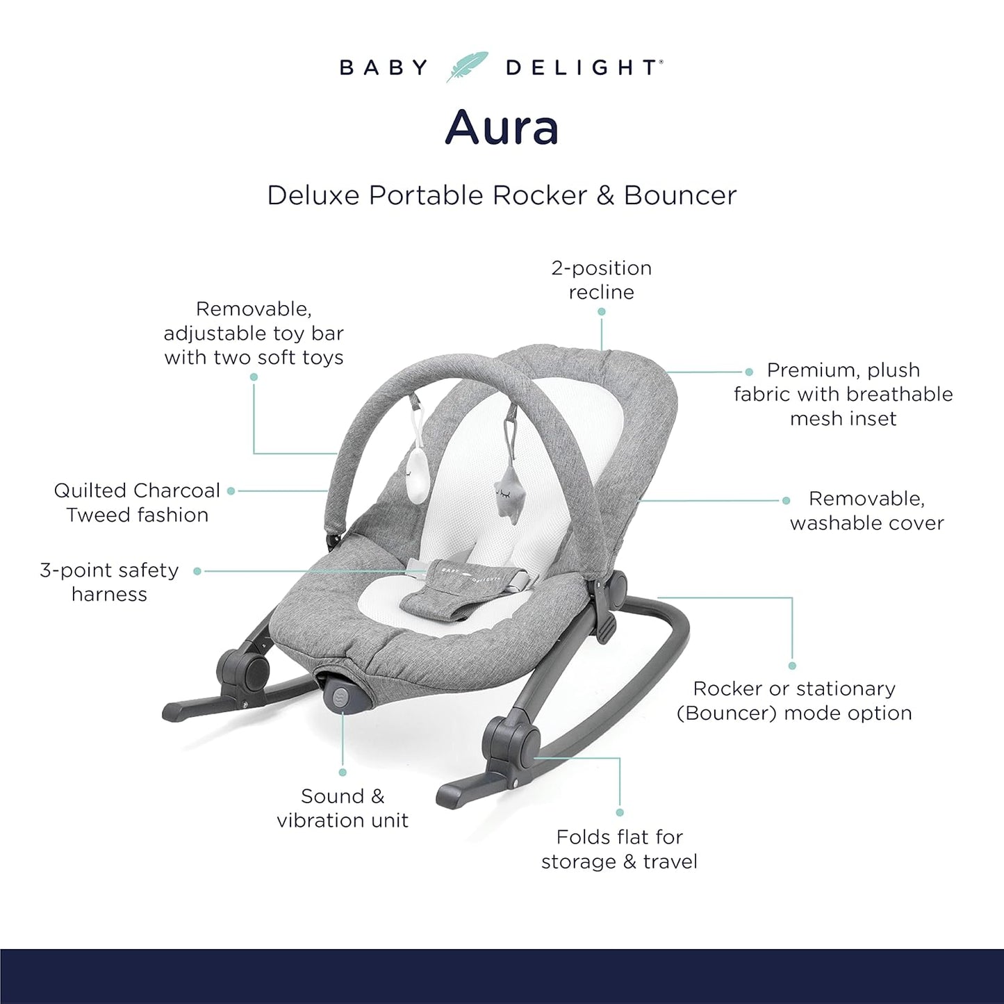 Baby Delight Aura Deluxe | Portable Baby Bouncer for Infants | Baby Rocker | Quilted Charcoal Tweed