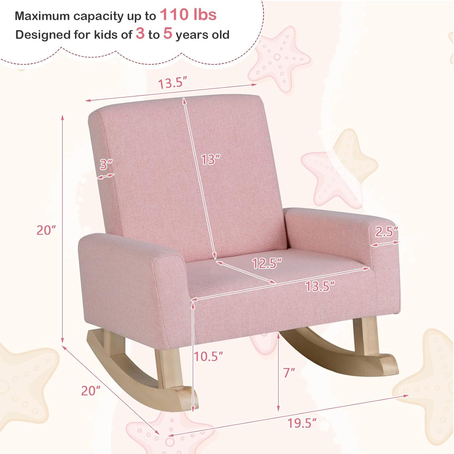 Costzon Kids Sofa, Rocking Chair with Solid Wood Frame, Linen Fabric, Anti-Tipping Design for Kids Room, Nursery, Playroom, Preschool, Birthday Gift for Boys Girls, Toddler Furniture Armchair (Pink)