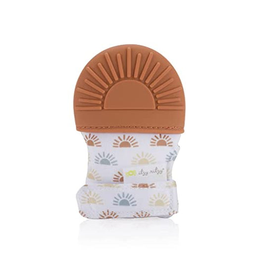 Itzy Ritzy Silicone Teething Mitt – Soothing Infant Teething Mitten with Adjustable Strap, Crinkle Sound and Textured Silicone to Soothe Sore and Swollen Gums, Terracotta Sun (MITT8491)