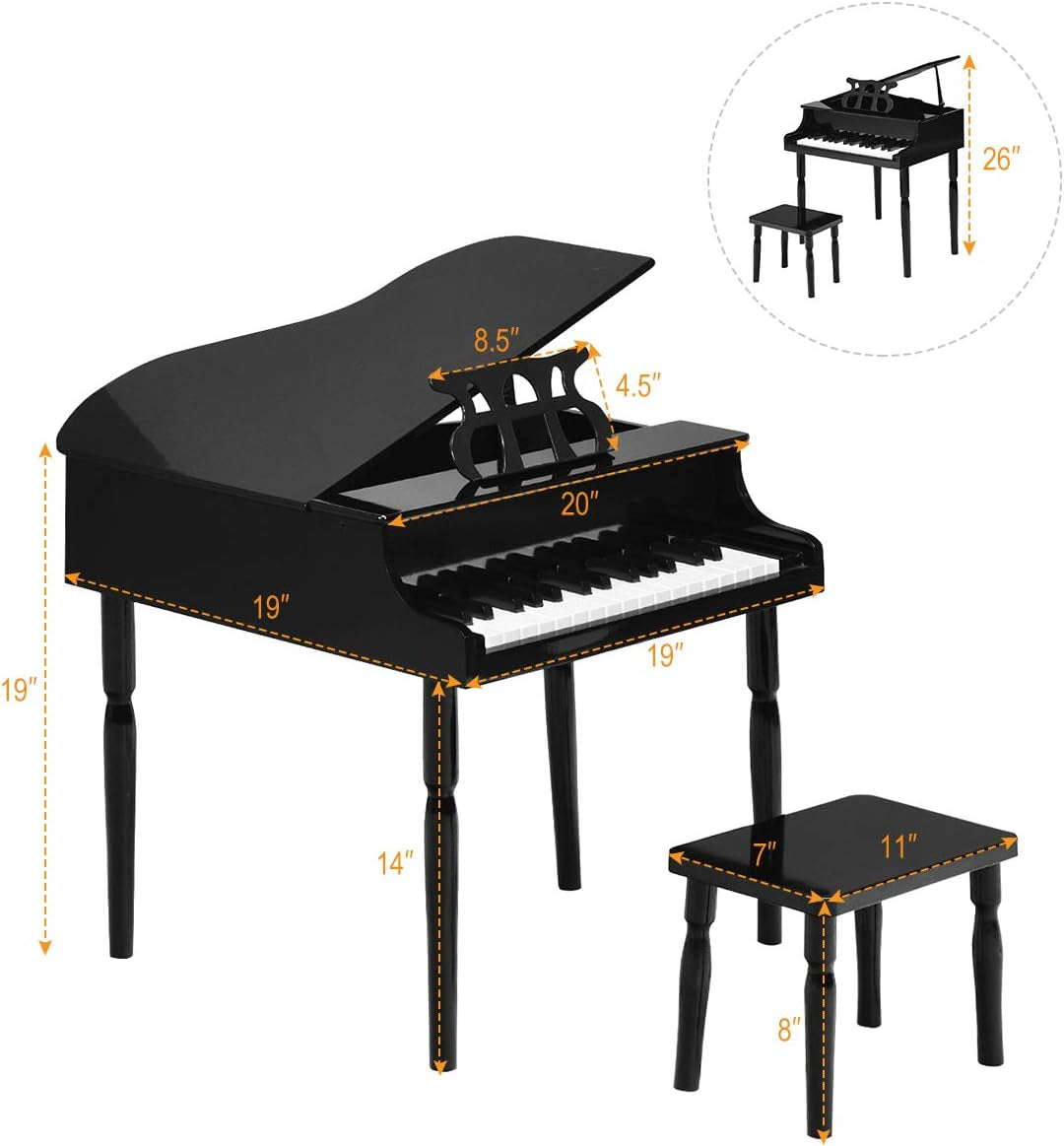 Costzon Classical Kids Piano, 30 Keys Wood Toy Grand Piano with Music Stand and Bench, Mini Musical Toy for Child, Ideal for Children'S Room, Toy Room, Best Gifts (Straight Leg, Black)