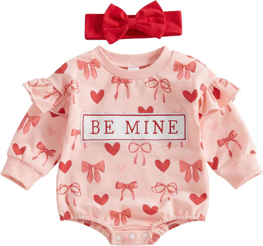 Dcohmch Baby Girl Valentines Day Outfit Long Sleeve Heart Bow Print Romper with Headband Newborn Valentine Clothes