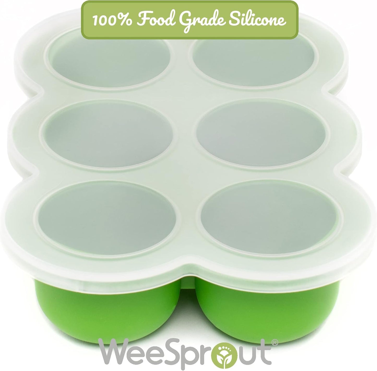 Weesprout Silicone Freezer Tray with Clip on Lid Perfect Food Storage Container for Homemade Baby Food, Vegetable, Fruit Purees, and Breast Milk (Bright Green, Six 3 Ounce Sections)