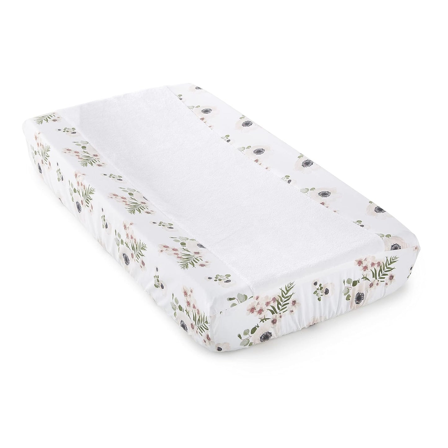 Levtex Baby - Fiori Diaper Changing Pad Cover - Fits Most Standard Changing Pads - White Plush, Pink Flower and Green Leaves - Nursery Accessories - Plush