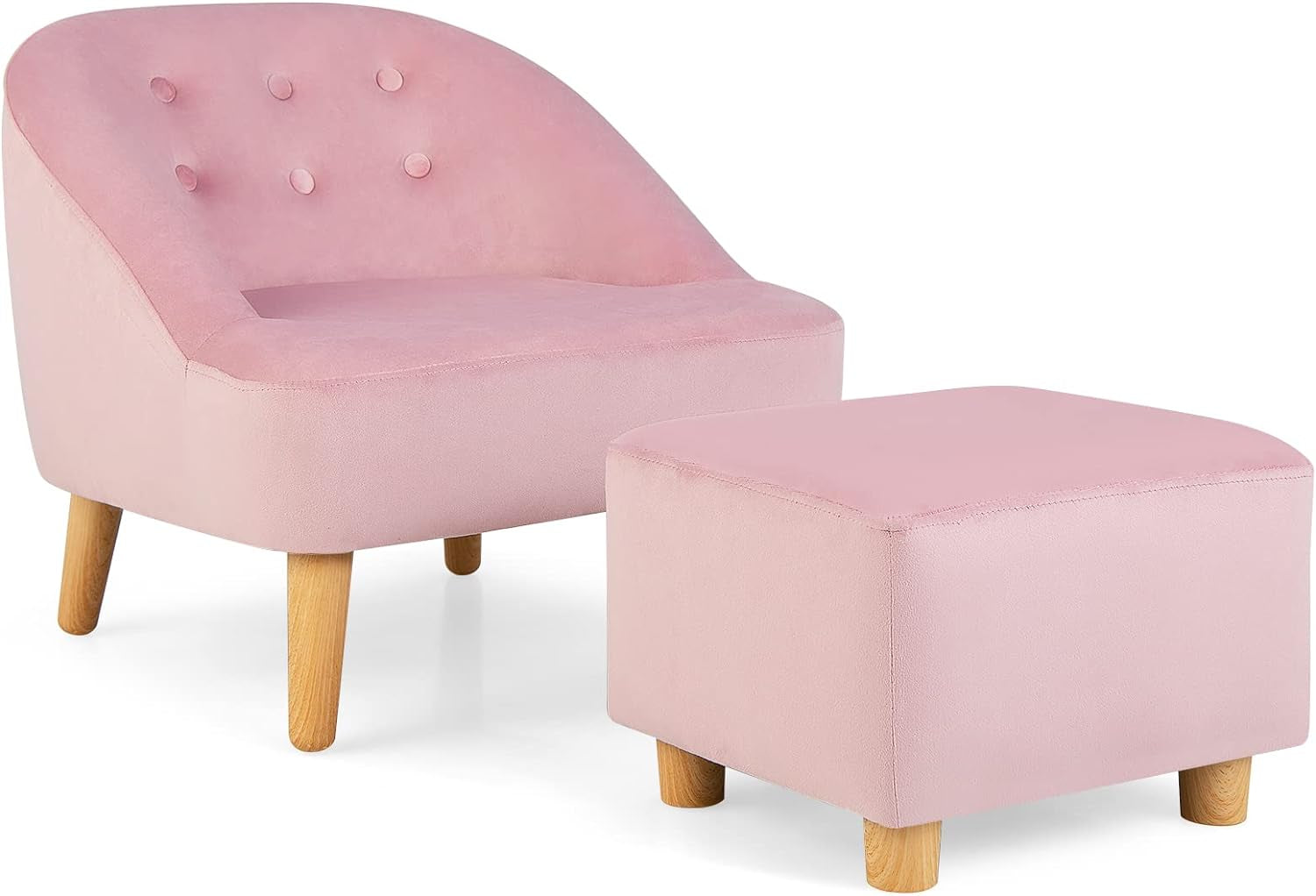 Costzon Kids Couch with Ottoman, Children'S Sofa Toddler Chair W/Baby Velvet Surface, Children Armchair for Play Room, Nursery, Kindergarten, Chlidren'S Sofa Gifts for 3-5 Years Old Boys Girls (Pink)