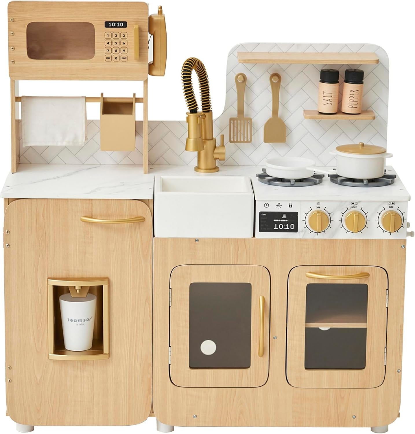 Teamson Kids Little Chef Cyprus Medium Wooden Play Kitchen with Interactive, Realistic Features, and 14 Kitchen Accessories for 3Yrs and Up, Light Oak/Faux White Marble/Gold