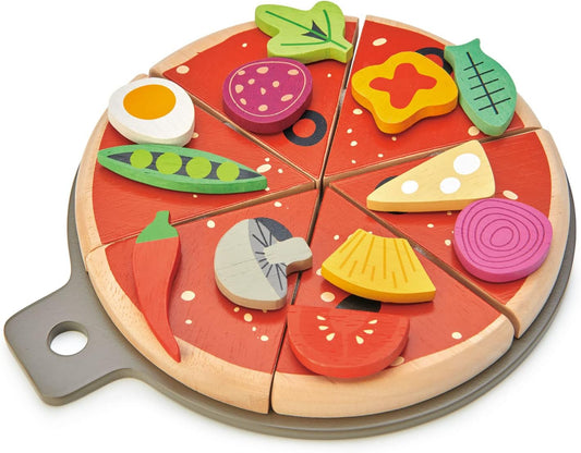 Tender Leaf Toys - Pizza Party - 6 Slices of Realistic Pizza Toy Set with 12 Different Toppings, Kraft Card Take-Out Box Included - Pretend Play Food for Kids - 3+