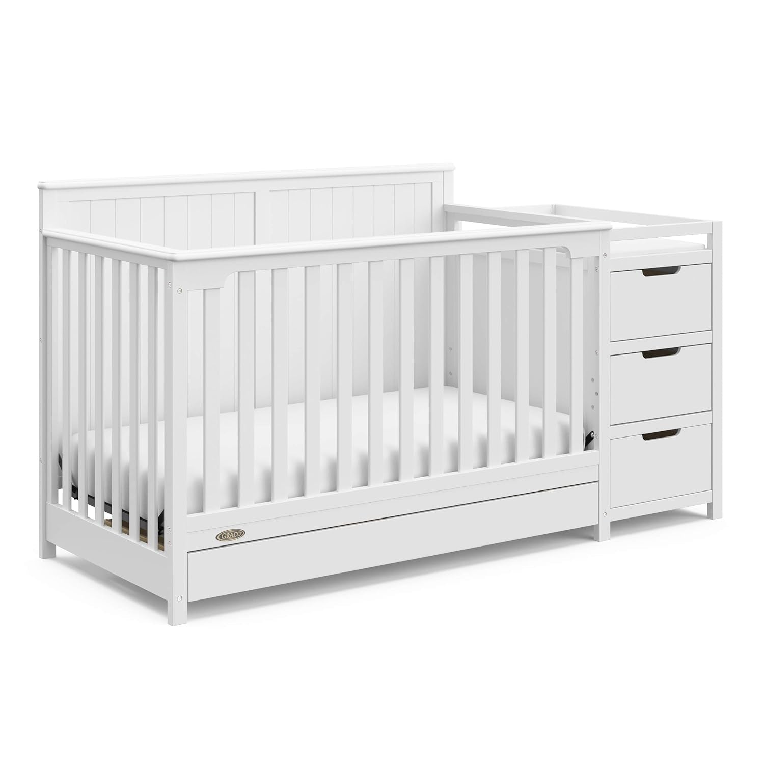 Graco Hadley 5-In-1 Convertible Crib and Changer with Drawer (White) – GREENGUARD Gold Certified, Crib and Changing -Table Combo with Drawer, Includes Baby Changing Pad, Converts to Full-Size Bed