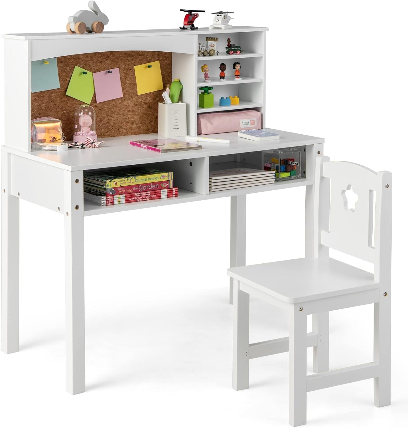 Costzon Kids Desk and Chair Set, Wooden Study Desk for Kids with Storage, Hutch, Cork Bulletin Board, Student Writing Computer Workstation, Kids Desk for Study Room, Bedroom, School, White