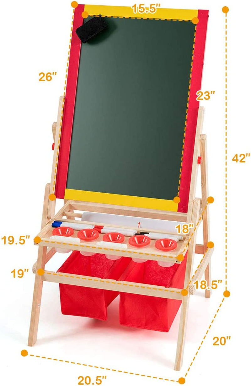 Costzon 3 in 1 Kids Art Easel with Paper Roll, Double Sided Adjustable Chalkboard & White Dry Erase with 4 Drawing Board Clips, Storage Bins, 26 English Alphabet Tiles for Toddlers (Red)