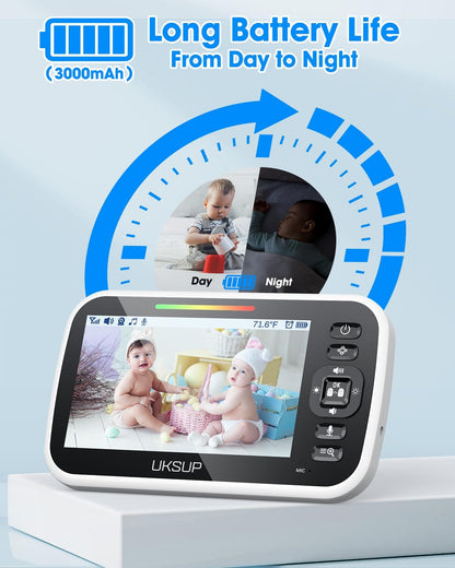 Baby Monitor with 4 Cameras and Audio - 5” Display Video Baby Monitor with 30 Hours Battery Life, Remote Pan & Tilt, 2X Zoom,Auto Night Vision, 2 Way Talk, Temperature Sensor,Lullabies,960 Feet Range