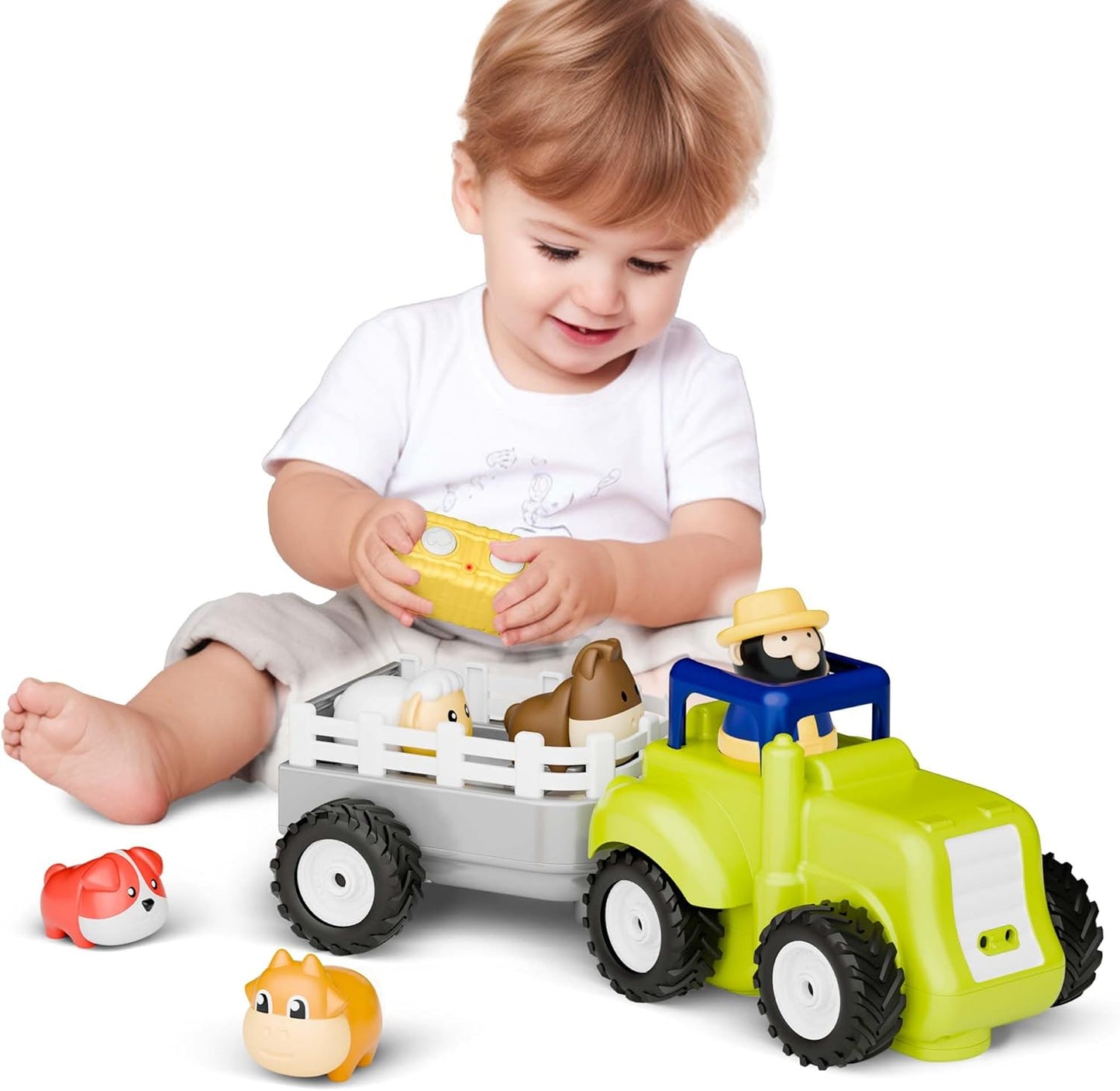 Iplay, Ilearn Toddler Remote Control Farm Tractor Toy, Baby RC Trailer Truck Set, Music Pretend Farmer Animals Vehicle Playset W/Sound, Birthday Gifts for 18 24 Month 2 3 4 Year Old Kids Boys Girls