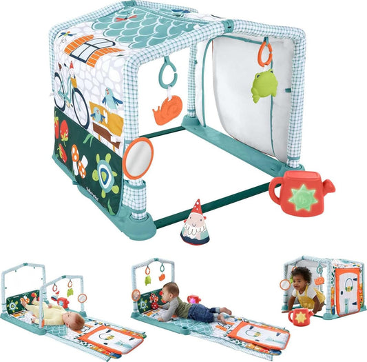 Fisher-Price Baby Playmat 3-In-1 Crawl & Play Activity Gym, Cottage Theme with Tunnel & Developmental Toys for Newborns 0+ Months