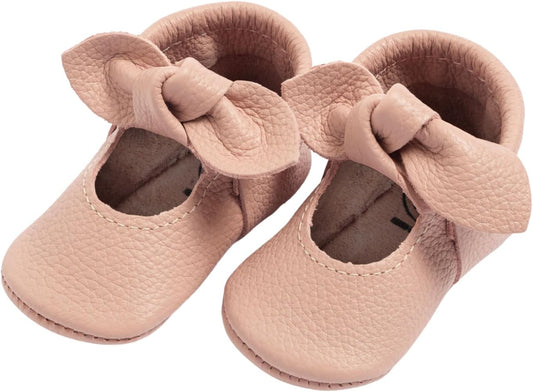 Freshly Picked First Pair Knotted Bow Baby Girl Shoes - Leather Baby Moccasins - Soft Sole Baby Shoes, Infant Shoes, Crib Shoes