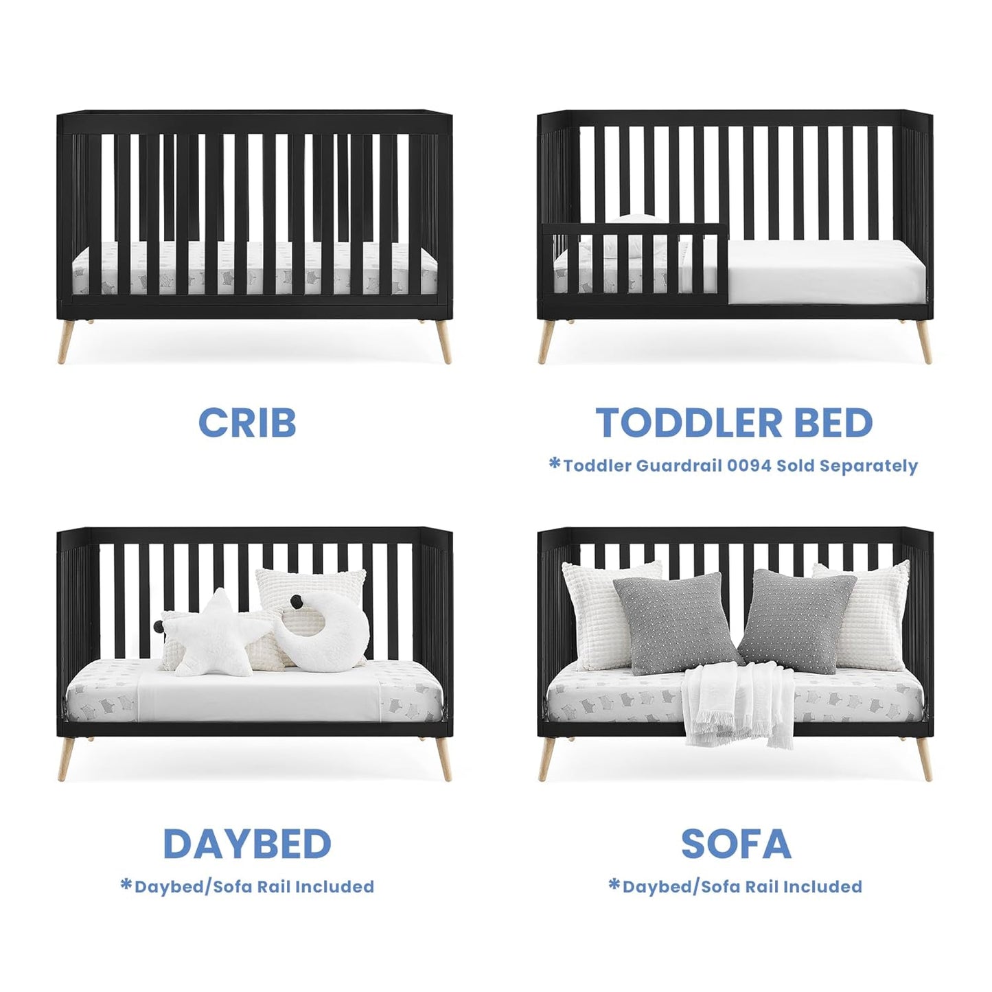 Delta Children Essex 4-In-1 Convertible Baby Crib, Ebony with Natural Legs