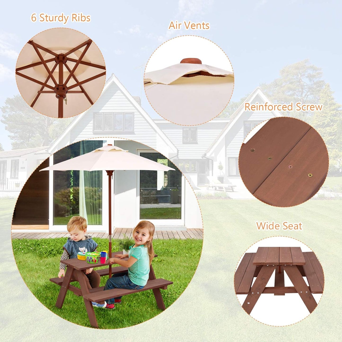 Costzon Kids Picnic Table, Wooden Table & Bench Set W/Removable & Foldable Umbrella, Toddler Patio Set for Backyard, Garden, Lawn, Girls & Boys Gift, Kids Table and Chair Set for Outdoors (Natural)