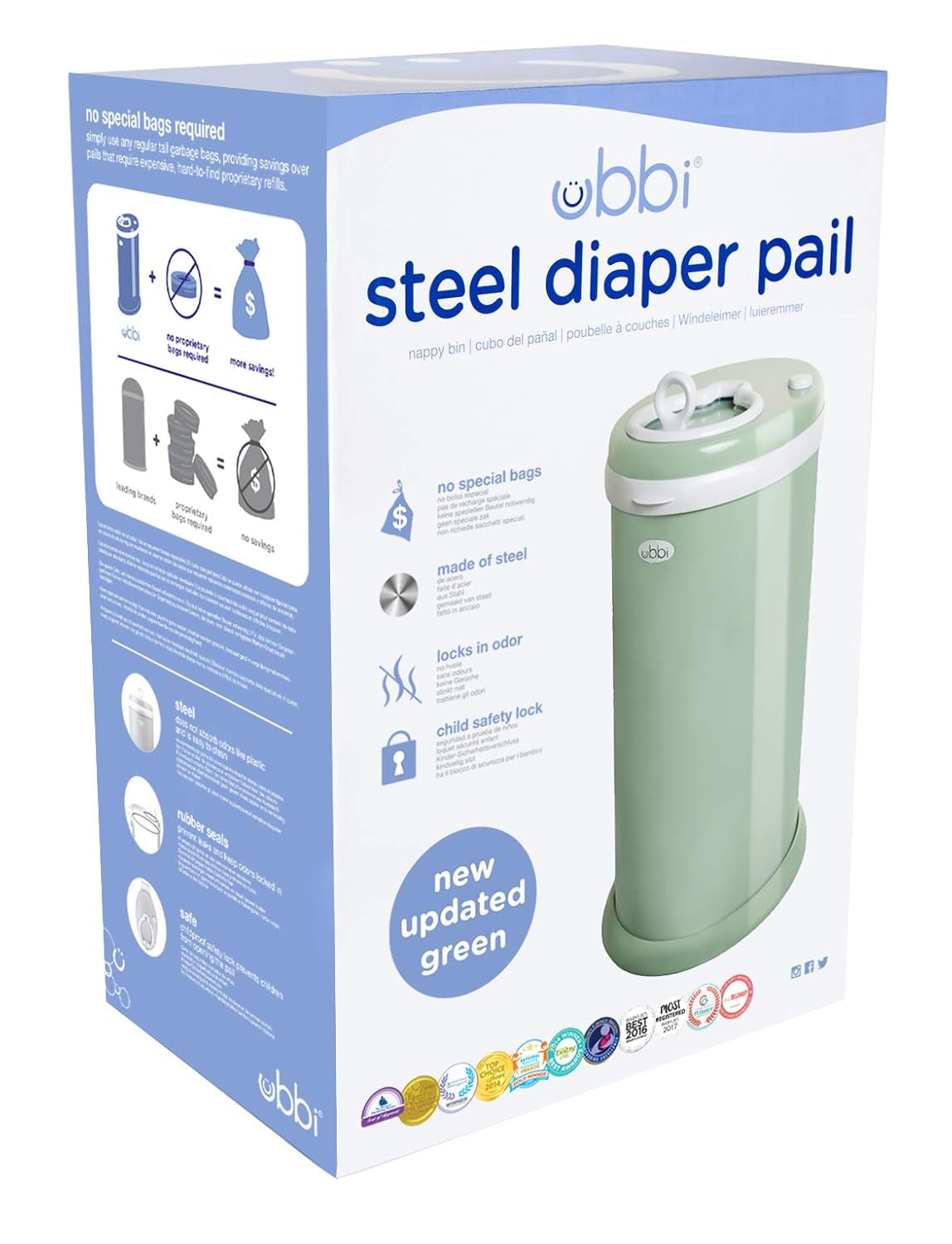 Ubbi Steel Diaper Pail, Odor Locking, No Special Bag Required, Award-Winning, Registry Must-Have, Marble