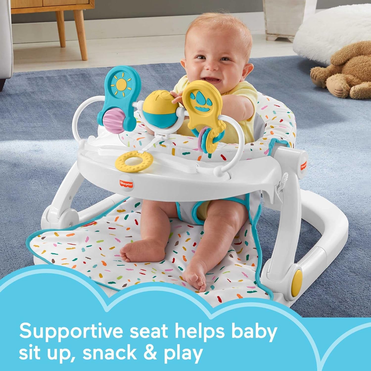 Fisher-Price Portable Baby Chair Deluxe Sit-Me-Up Floor Seat with Snack Tray and Toy Bar, Rainbow Sprinkles