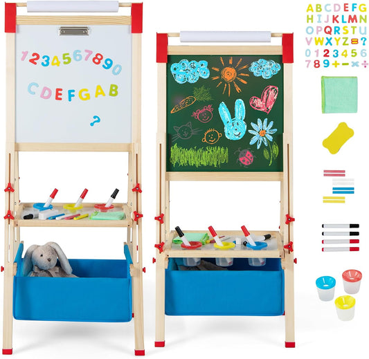 Costzon Easel for Kids, 3-In-1 Double Sided Wooden Art Easel, Height Adjustable, Natural + Blue, Pine, 16 X 17.5 X 49.5 Inches, Includes 60 Accessories