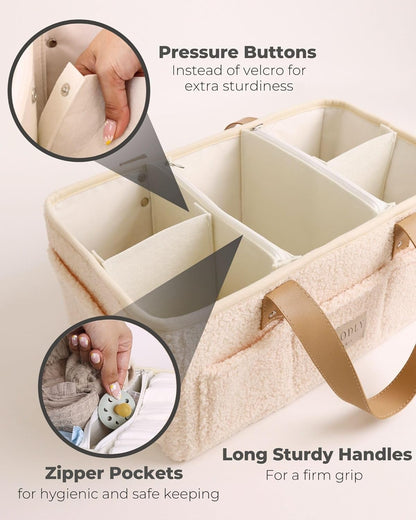 Baby Diaper Caddy Organizer for Diaper Changing Essentials - Teddy Fleece Diaper Organizer for Changing Table - Baby Basket Organizer - Baby Caddy Organizer with Removable Dividers