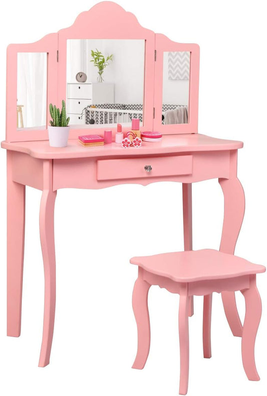 Costzon Kids Wooden Vanity Table & Stool Set, 2 in 1 Detachable Design with Dressing Table and Writing Desk, Princess Makeup Dressing Table with Two 180° Folding Mirror, for Girls, Kids (Pink)