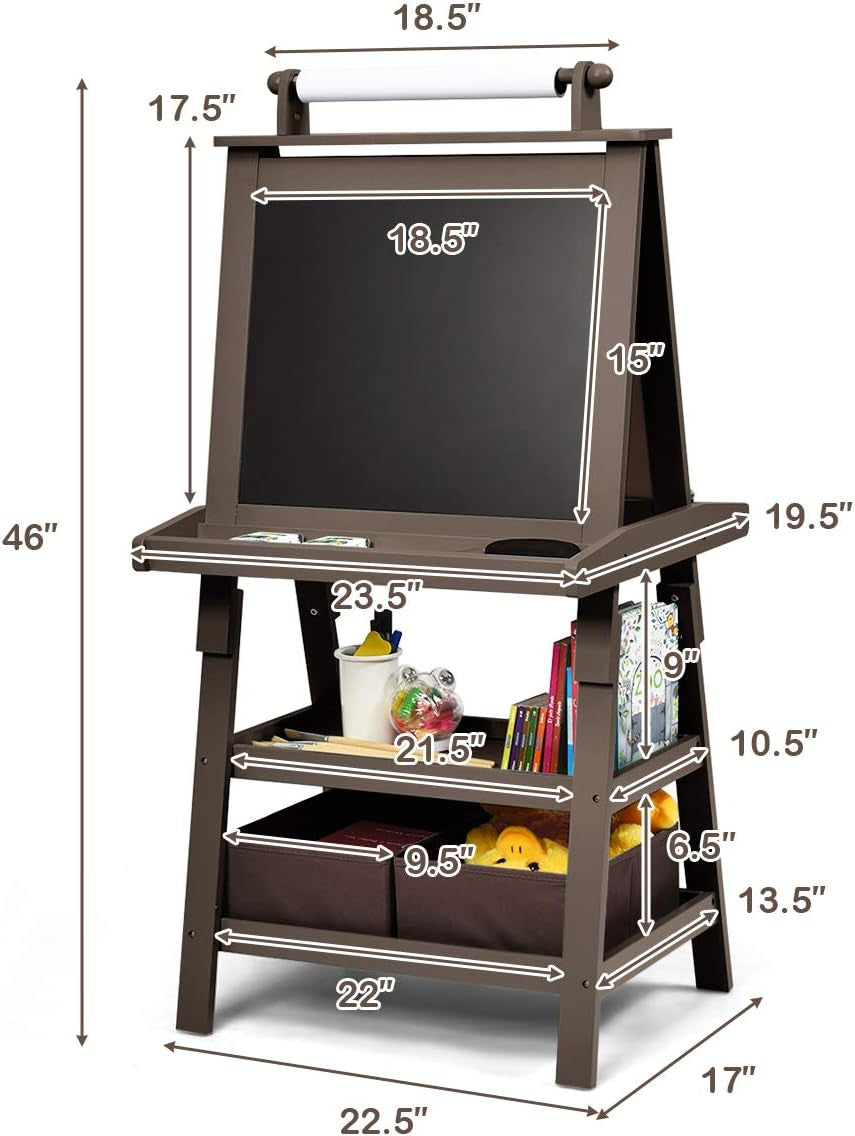 Costzon Kids Art Easel, 3 in 1 Double-Sided Wooden Easel W/Magnetic Whiteboard, Chalkboard & Paper Roll, 2-Tier Rack W/ 2 Storage Boxes, Standing Easel for Kids, Toddlers, Boys, Girls (Coffee)