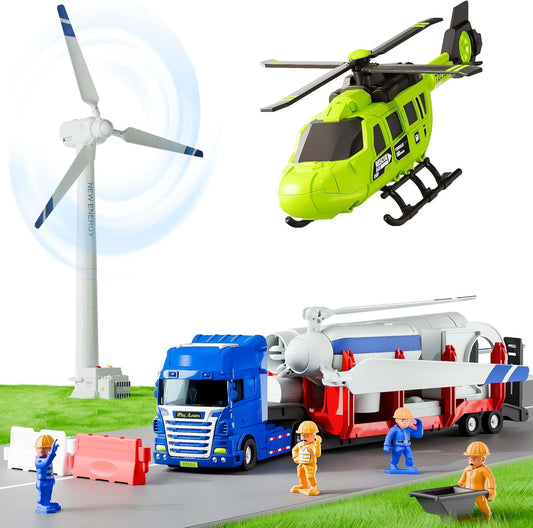 Iplay, Ilearn Kids Truck Trailer Toys, Toddler Vehicles Playset W/Helicopter, Wind up Windmill, STEM Construction Engineer Learning Educational Cool Toy, Birthday Gifts 3 4 5 6 7 Year Old Boys Girls