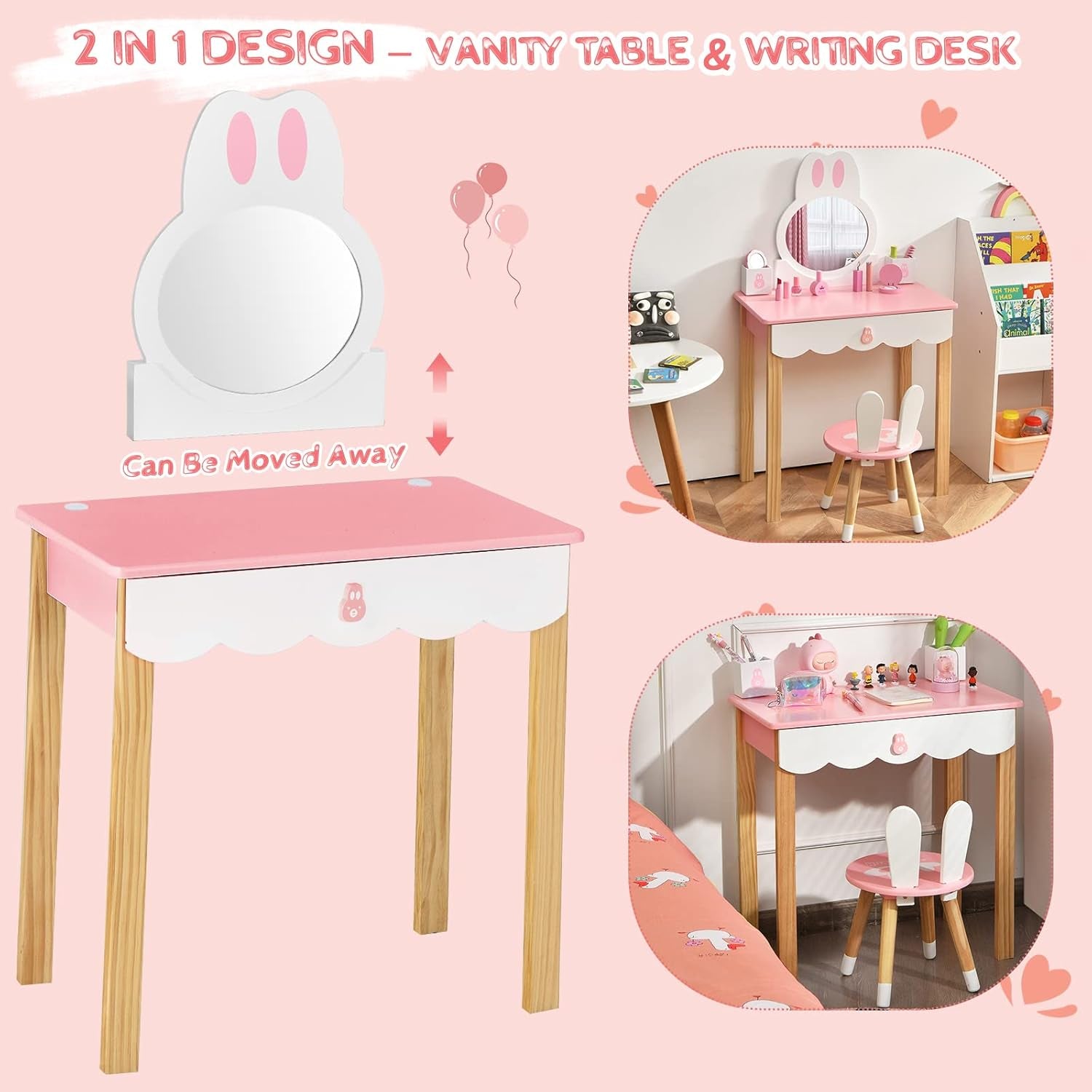 Costzon Kids Vanity Set, Girls Vanity Set with Mirror & Stool, 2 Large Drawers, Storage Shelf, Wooden Princess Makeup Dressing Table, Pretend Play Vanity Table Chair Set for Toddlers (Pink)