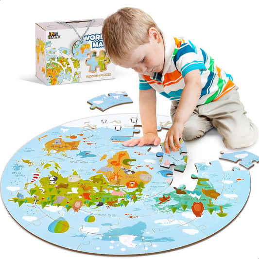 Iplay, Ilearn Floor Puzzles for Kids Ages 3-5 4-8, Toddlers Wooden Jigsaw Puzzles, round World Map Puzzle Toy W/Large Pieces, Geography Educational Birthday Gifts for 6-7 Year Old Boys Girls Children