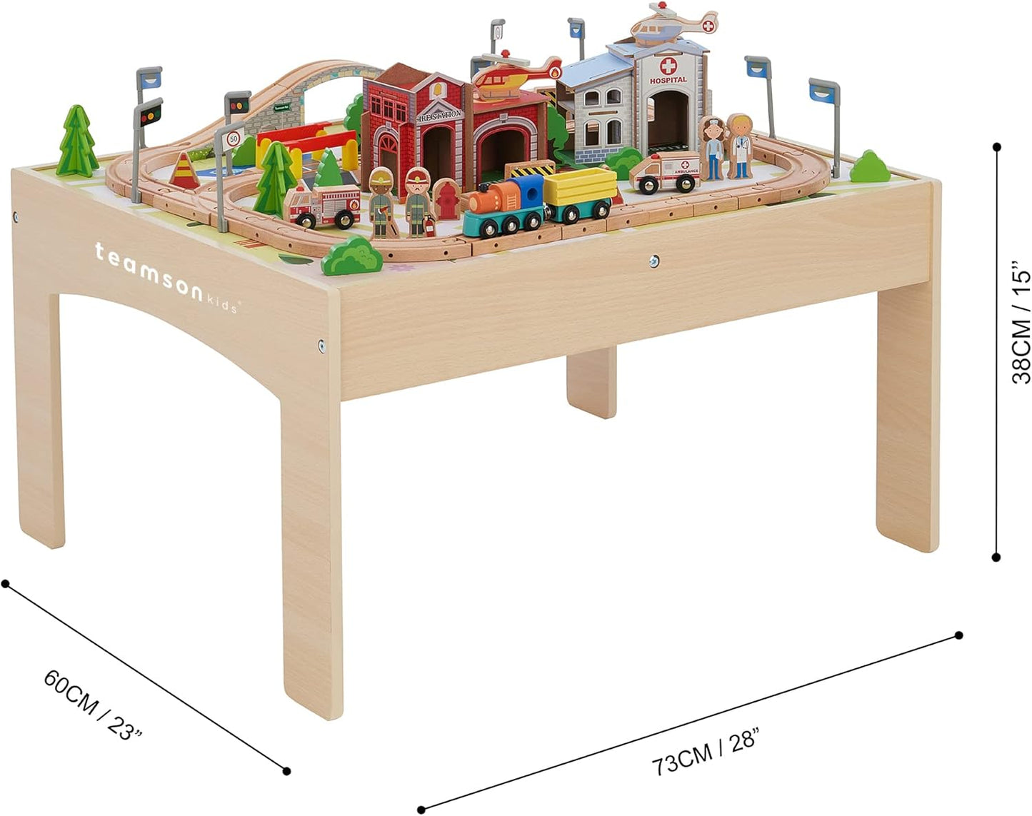 Teamson Kids Train Table Set with 85 Pieces, Preschool Play Lab Activity Table with Wooden Trains, Cars, Railroad, Town Scenery, & More for Kids & Toddlers, Wood Color