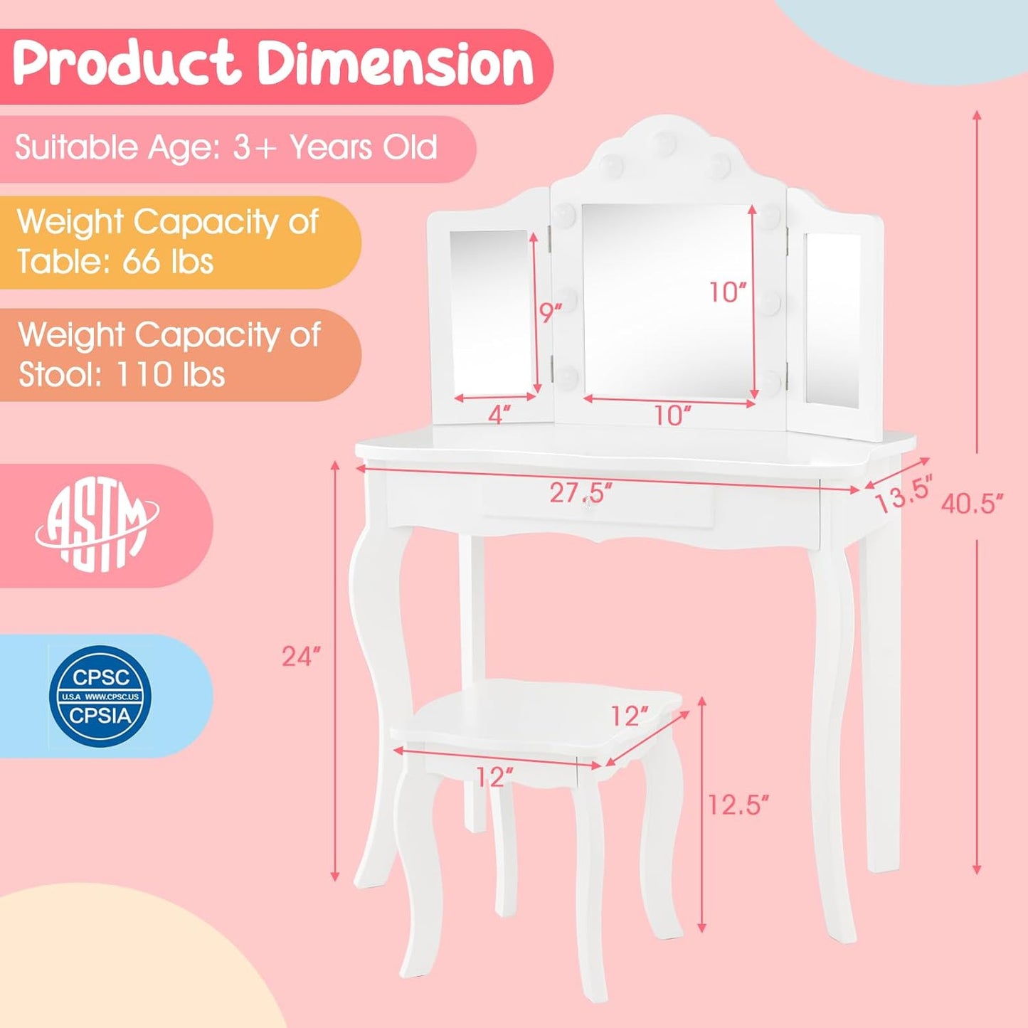 Costzon Kids Vanity, Girls Vanity Set with Mirror and Stool and Lights, Drawer, 2 in 1 Wooden Princess Makeup Desk Dressing Table, Toddler Vanity, Pretend Play Kids Vanity Table and Chair Set (White)