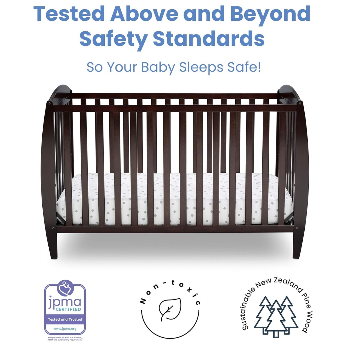 Delta Children Twinkle 4-In-1 Convertible Baby Crib, Sustainable New Zealand Wood, Dark Chocolate and Delta Children Twinkle Galaxy Dual Sided Recycled Fiber Core Crib and Toddler Mattress (Bundle)