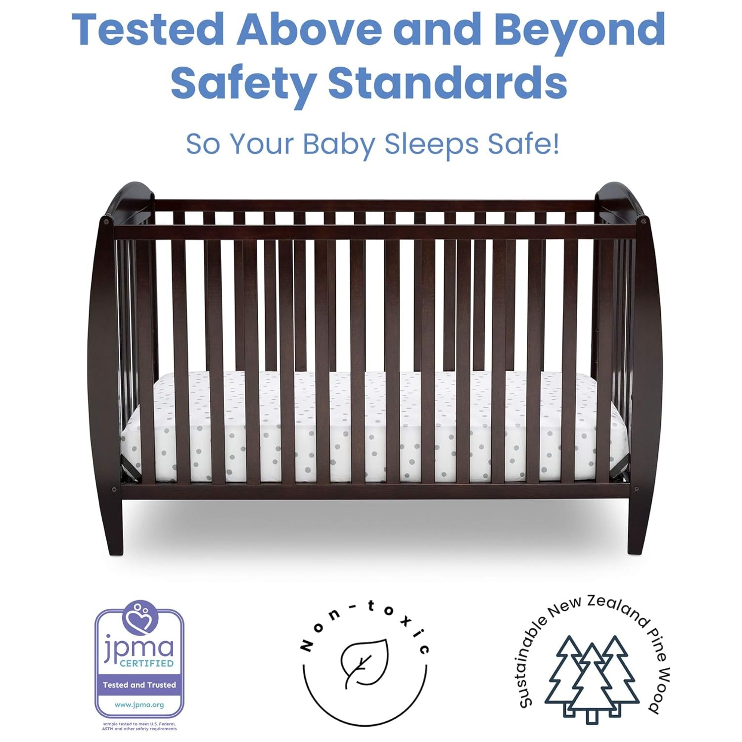 Delta Children Twinkle 4-In-1 Convertible Baby Crib, Sustainable New Zealand Wood, Dark Chocolate and Delta Children Twinkle Galaxy Dual Sided Recycled Fiber Core Crib and Toddler Mattress (Bundle)