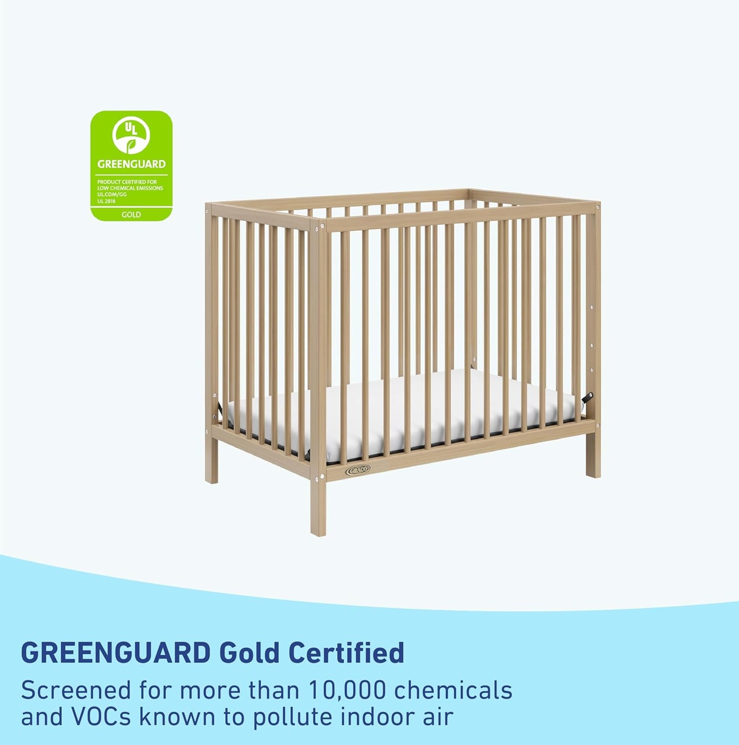 Graco Teddi 4-In-1 Convertible Mini Crib with Bonus Water-Resistant Mattress (Driftwood) – GREENGUARD Gold Certified, 2.75-Inch Mattress Included, Convenient Size, Easy 30-Minute Assembly