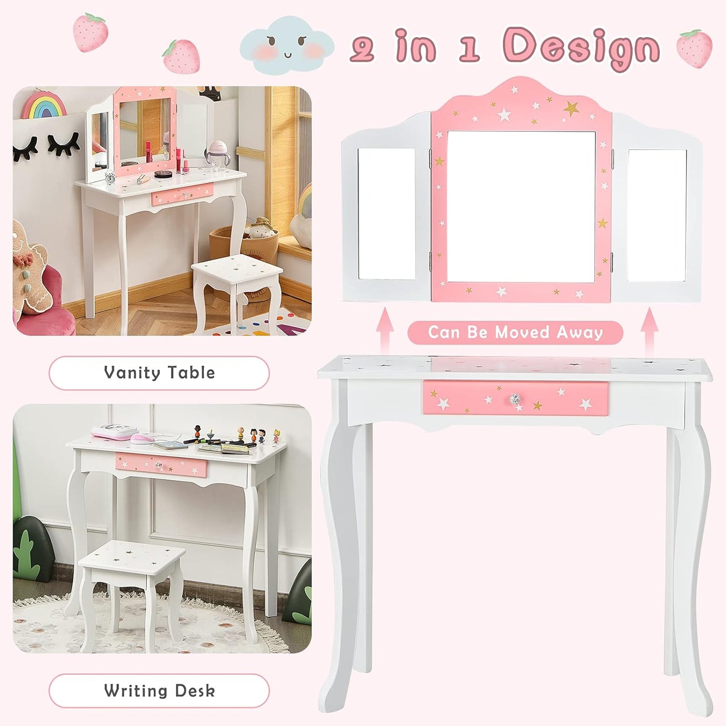 Costzon Kids Vanity Set with Mirror, 2 in 1 Princess Makeup Dressing Table W/Detachable Top, Toddler Girls Vanity with Tri-Fold Mirror, Drawer & Stool, Pretend Play Vanity Set for Little Girls, White