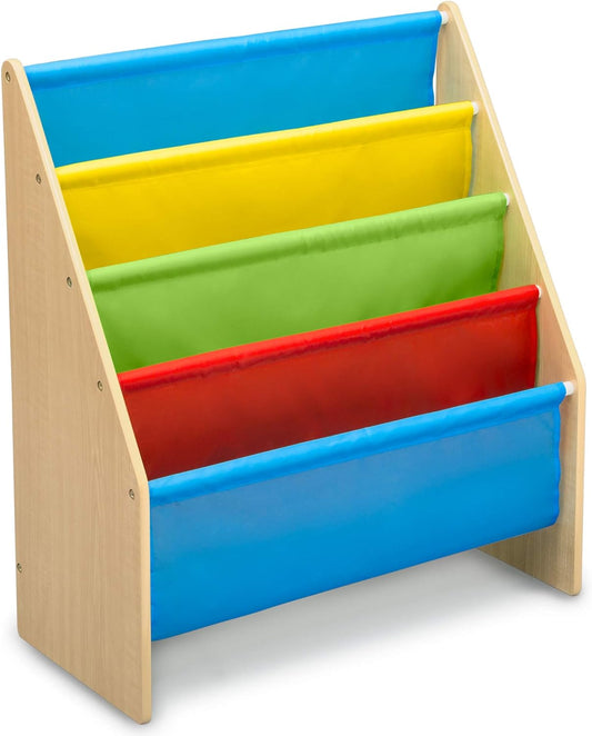 Delta Children Sling Book Rack Bookshelf, 4-Tier Wooden Shelf with Soft Fabric Pockets, Ideal for Playroom, Living Room, Basement, or Bedroom