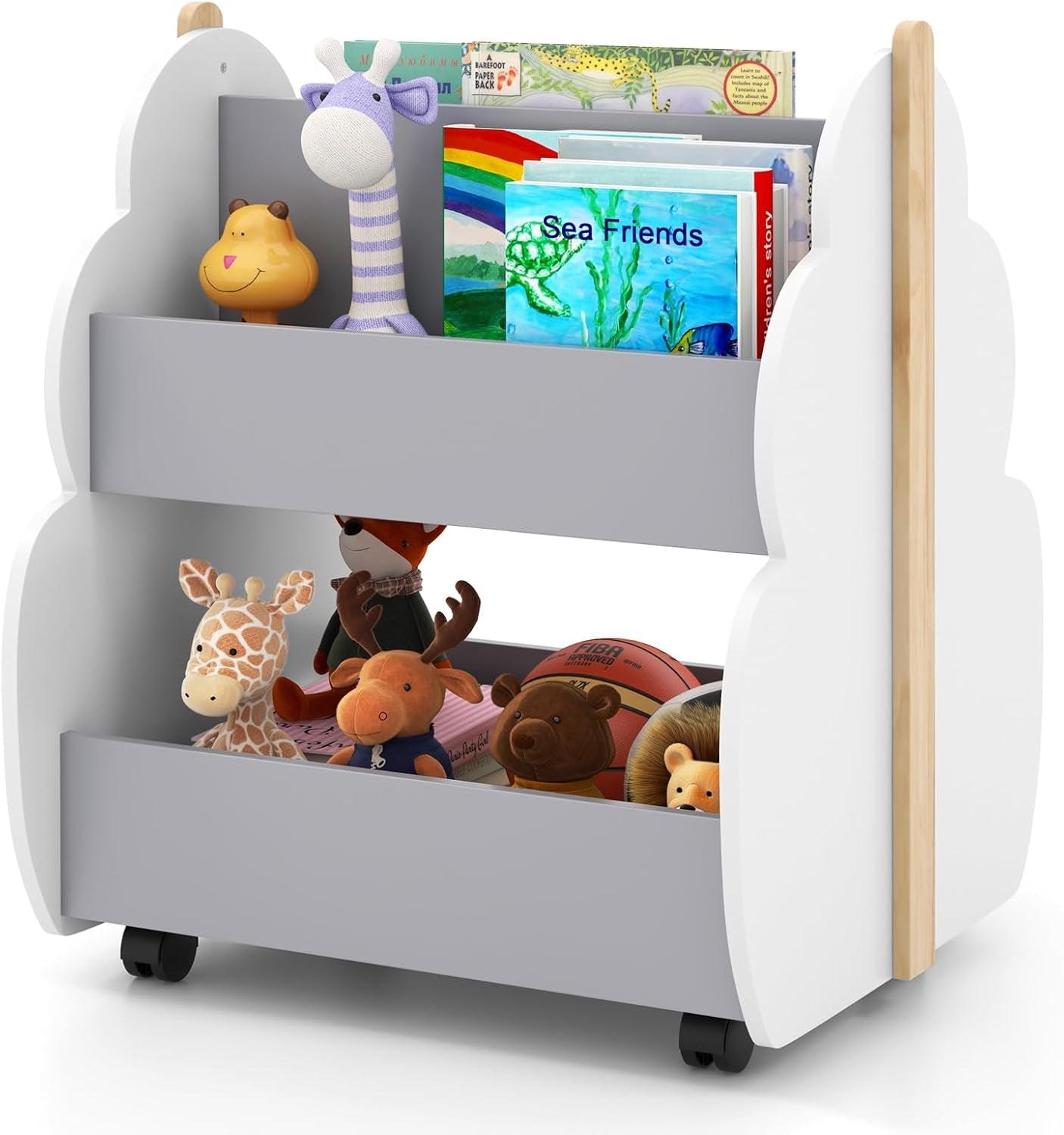 Costzon Kids Bookshelf with Universal Wheels, 2-Tier Toddler Bookshelf, Wooden Book Rack, Childrens Bookcase Montessori Shelf, Infant Book Shelf, Toy Organization for Kids Room, Playroom, Nursery