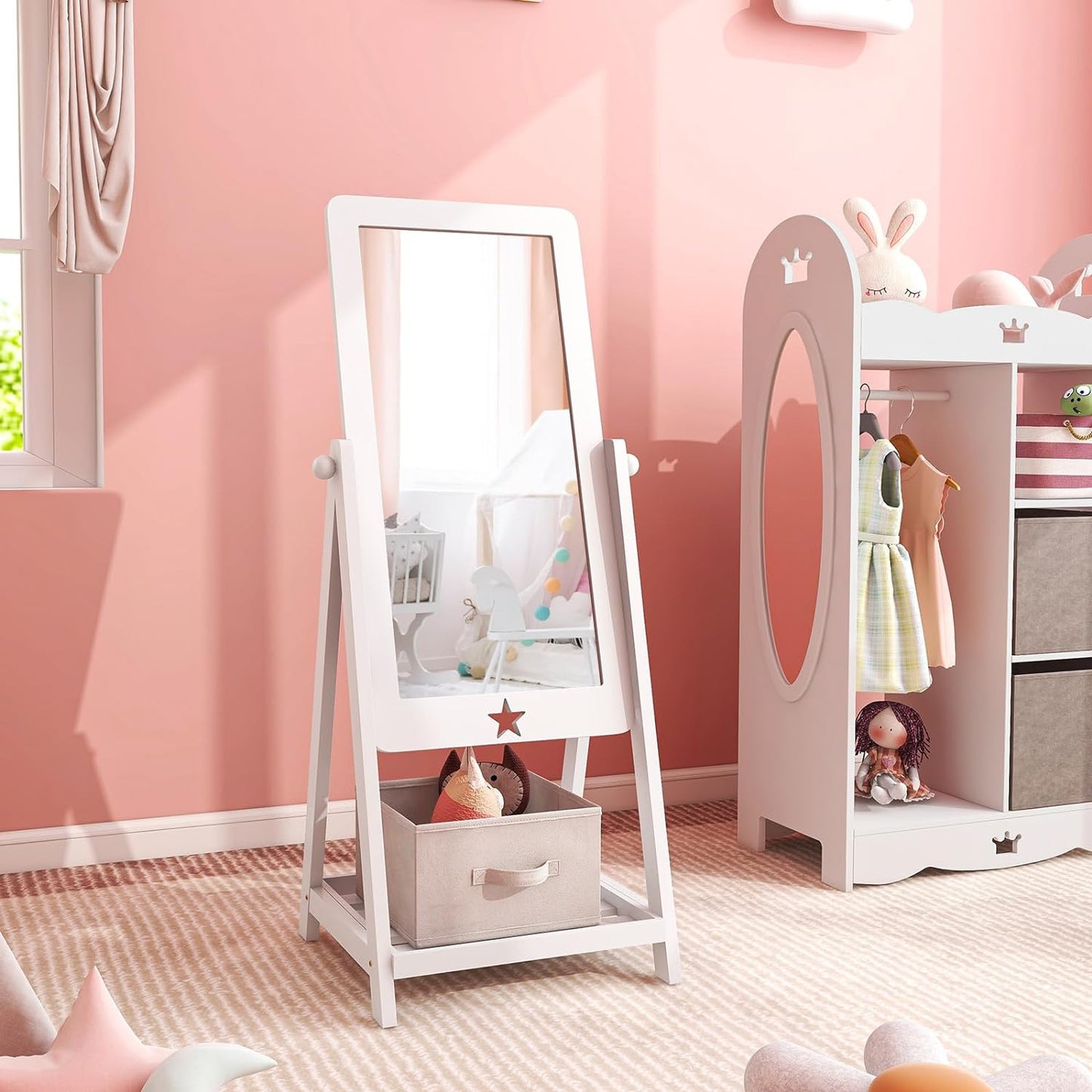 Costzon Kids Full Length Mirror, Princess Floor Free Standing Mirror W/Storage Shelf & Basket, 360 Degree Rotatable Rectangle Dressing Mirror for Little Girls Bedroom, Playroom, 3+ Years Old (White)